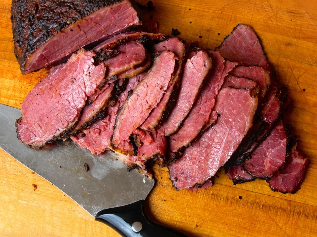 Sliced sous vide and smoked pastrami