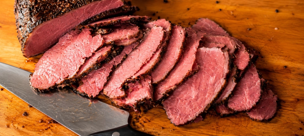 Sliced sous vide and smoked pastrami.