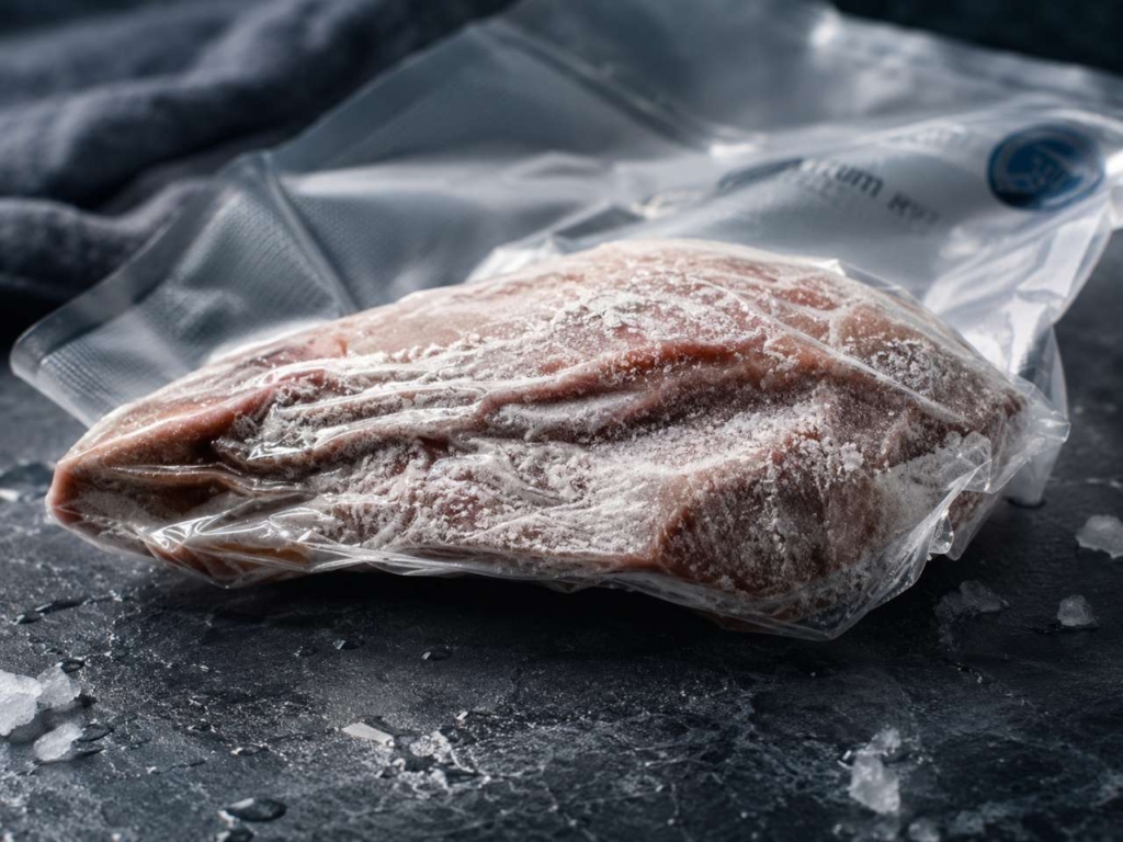 Frozen meat surrounded by particles of ice