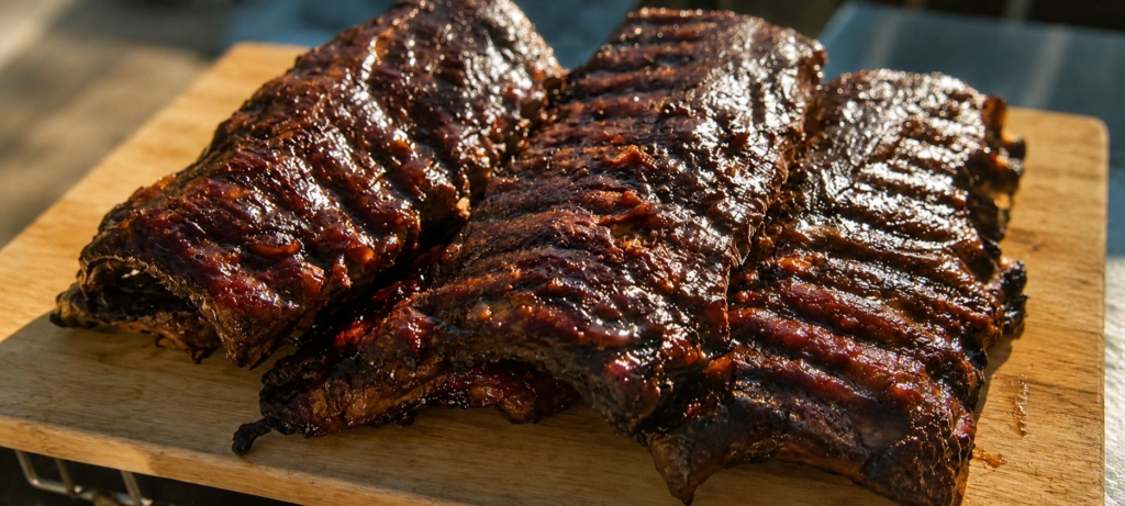 Racks of ribs with chocolate chile BBQ sauce on a cutting board.