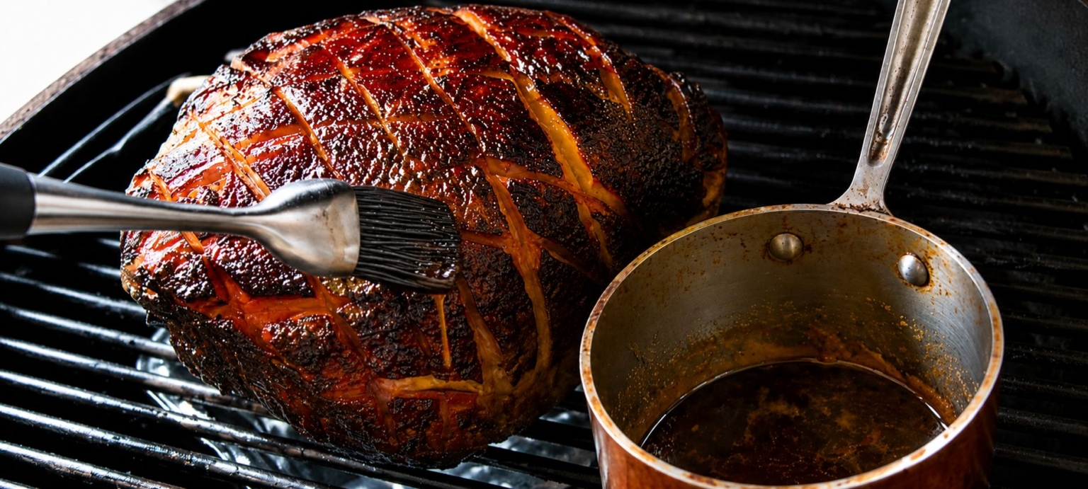 Brushing spiced apricot sauce onto a smoked ham recipe