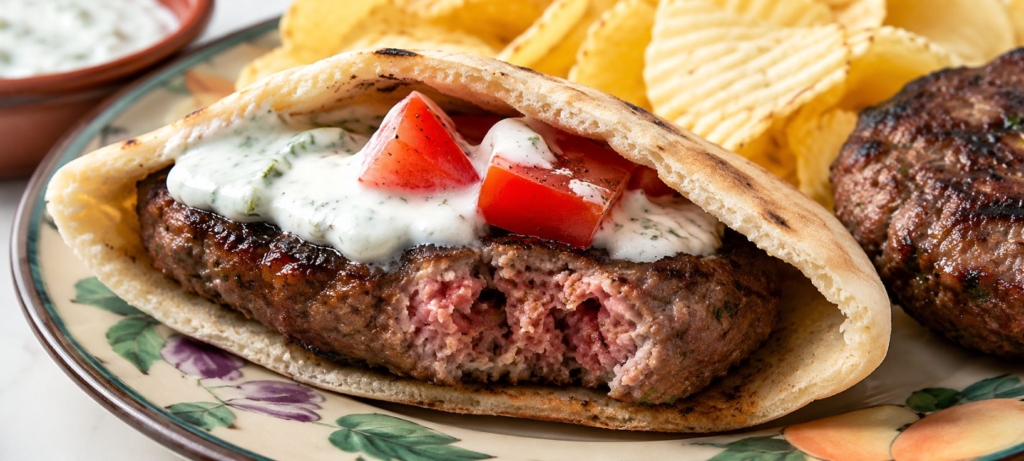 Lamburger in pita with yogurt Tzatziki sauce and tomato.