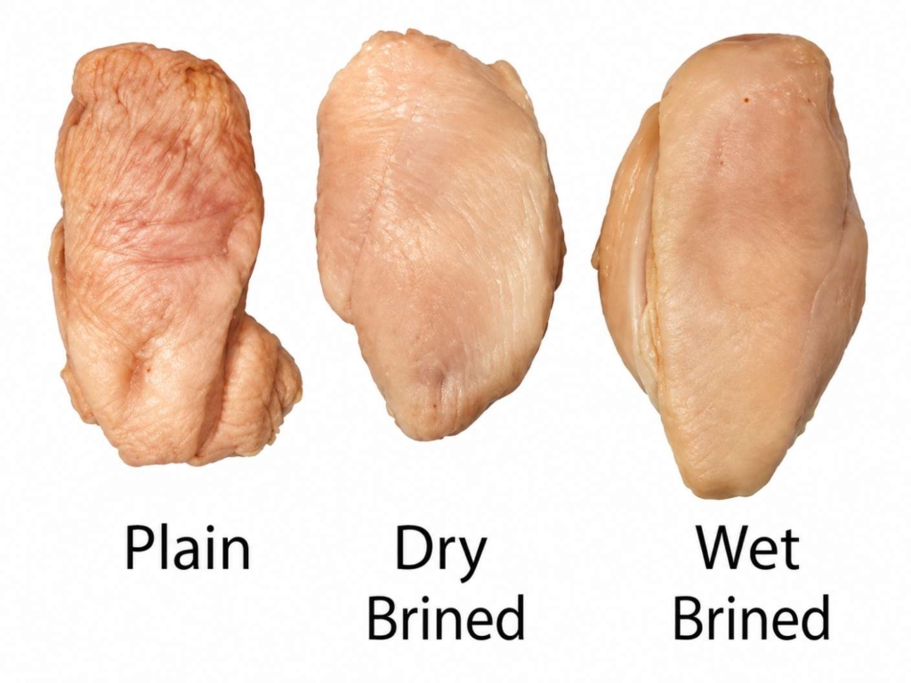Chart of three different pieces of chicken that have been brined in different manners.