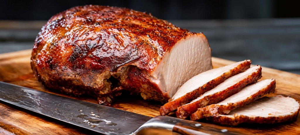 Sous vide and smoked pork loin sliced.