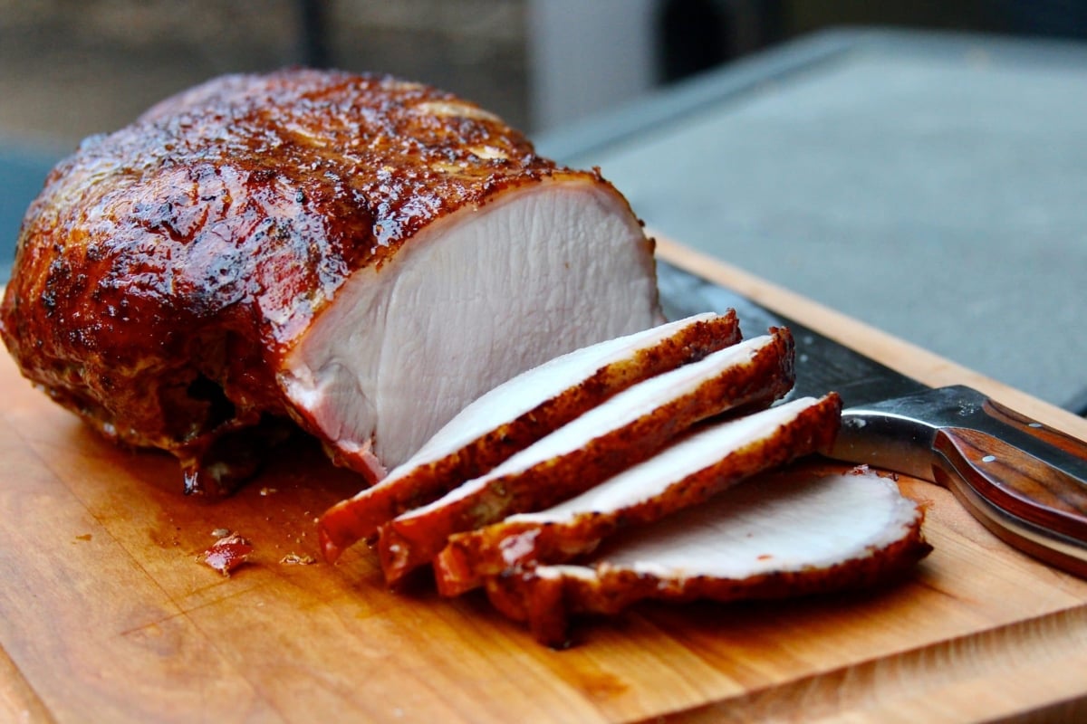Sous vide and smoked pork loin sliced