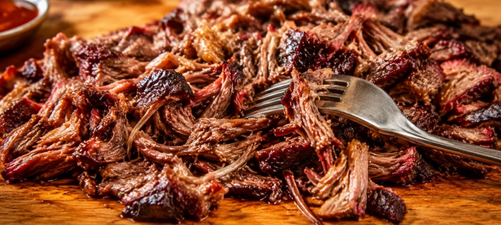 Smoked shredded chuck roast and a fork.
