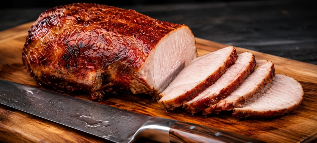 Sous vide and smoked pork loin sliced on a cutting board with a knife.