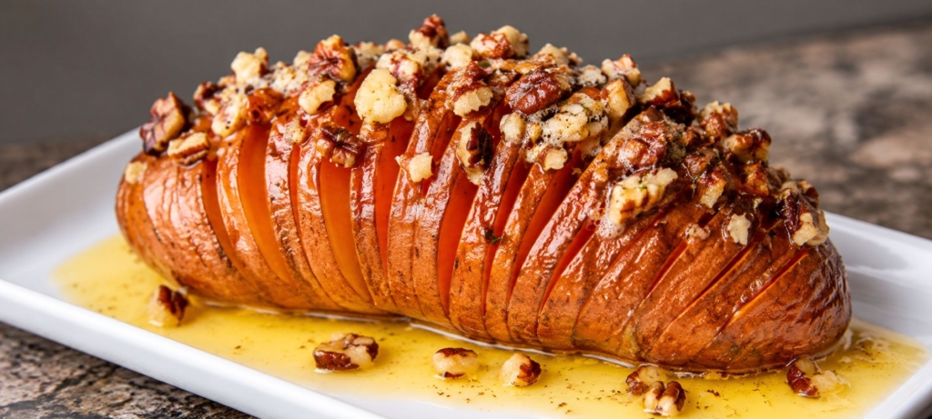 Hasselback sweet potato with maple pecan butter on a plate
