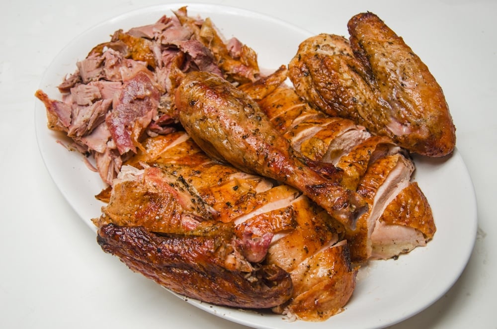 Carved turkey on a white platter