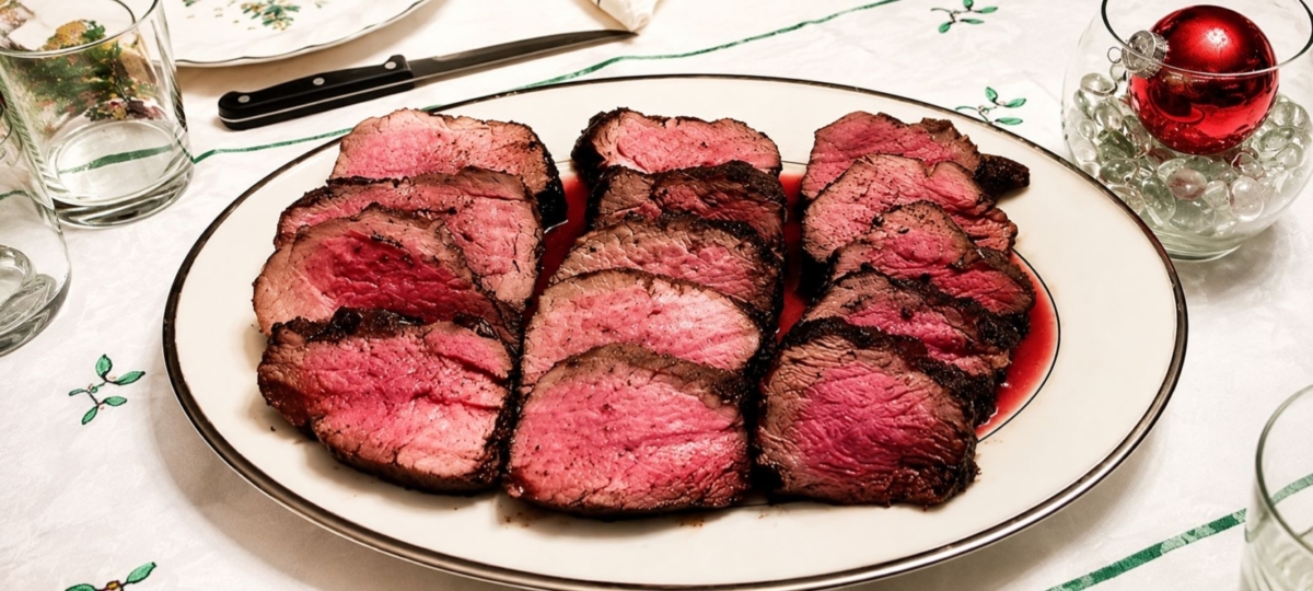 Sliced and plated beef tenderloin.