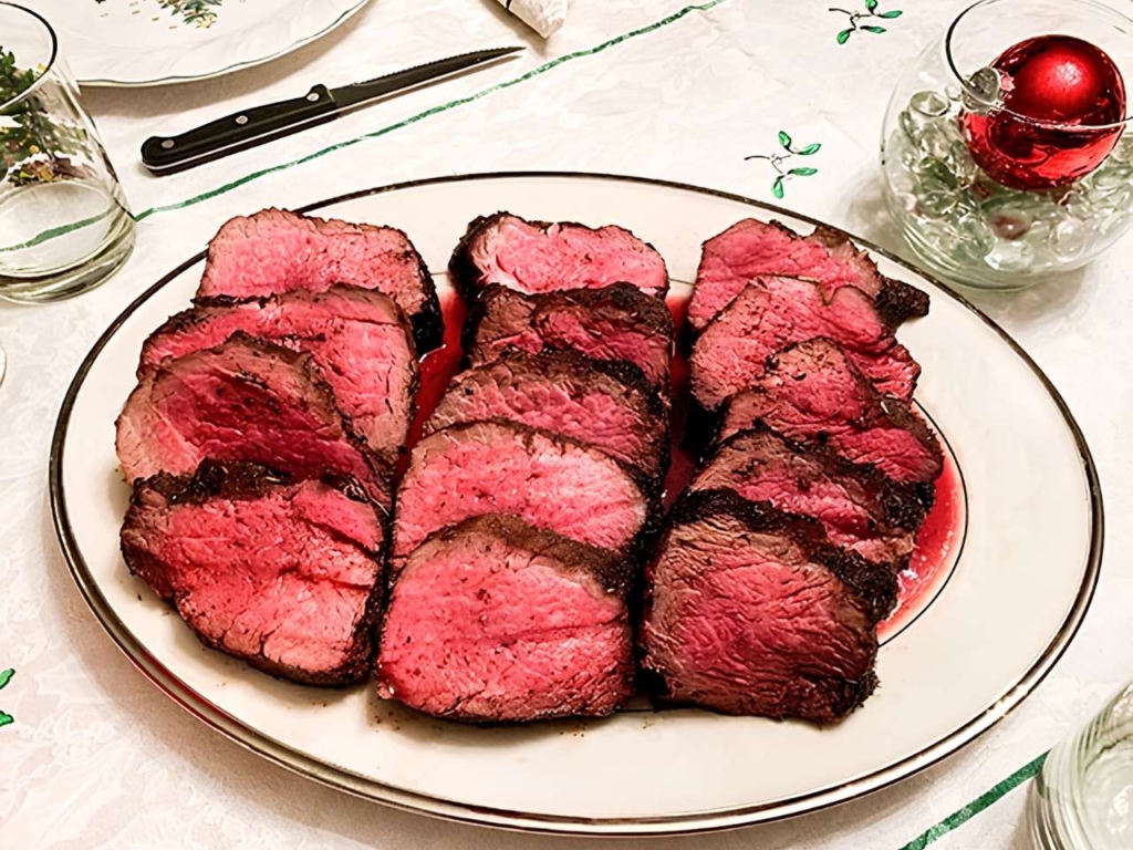 Sliced and plated beef tenderloin