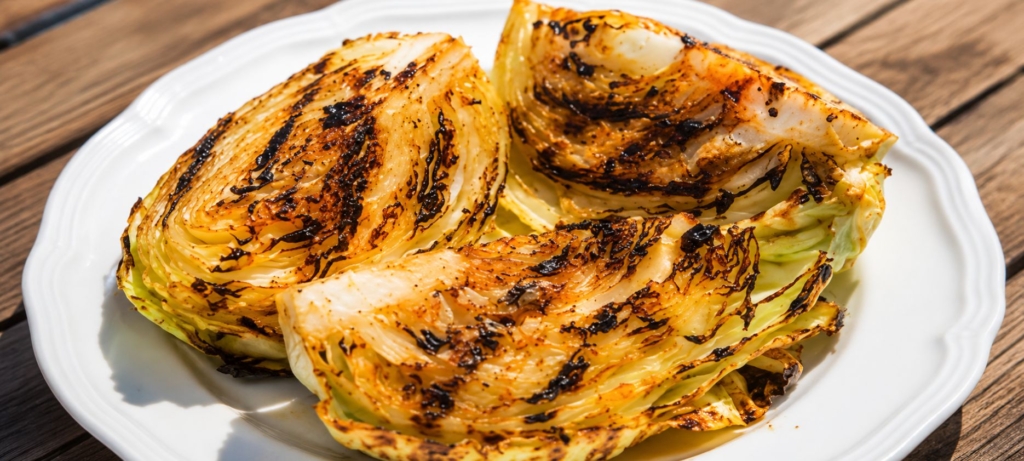 Grilled quartered cabbage on a white plate.