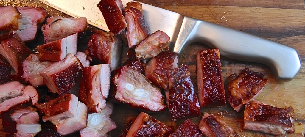 Pork rib tips and a knife on a cutting board