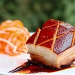 Sous vide and smoked pork belly slice plated