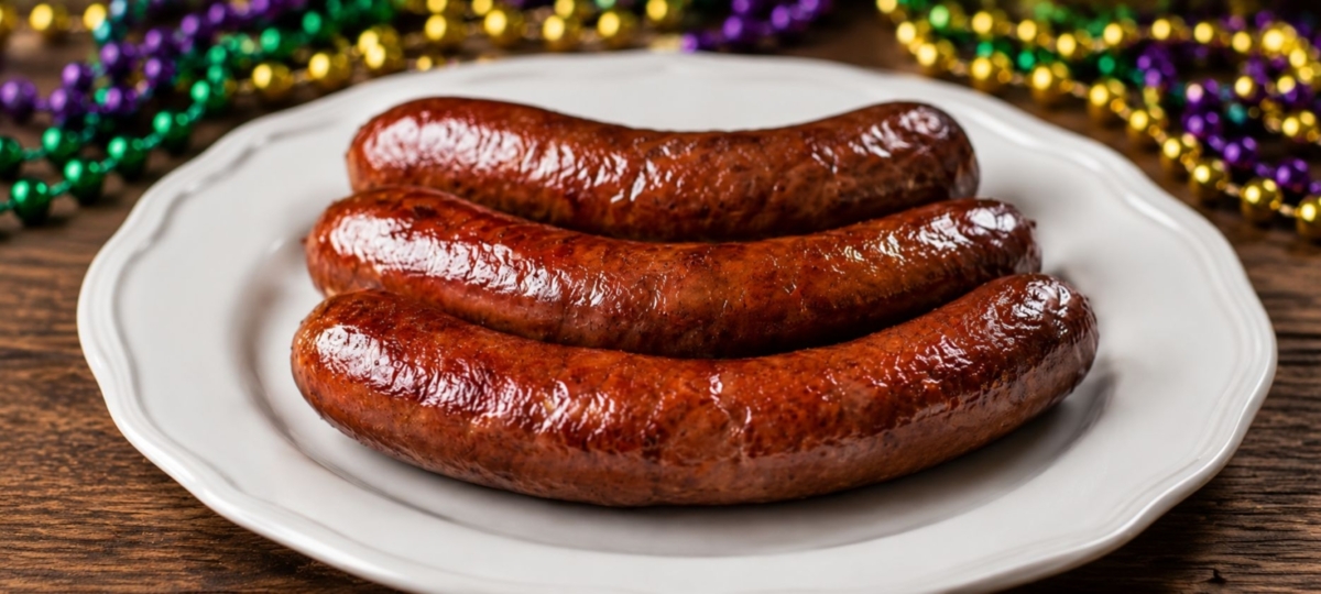Three grilled andouille sausage son a plate with Mardi Gras decorations in the background.