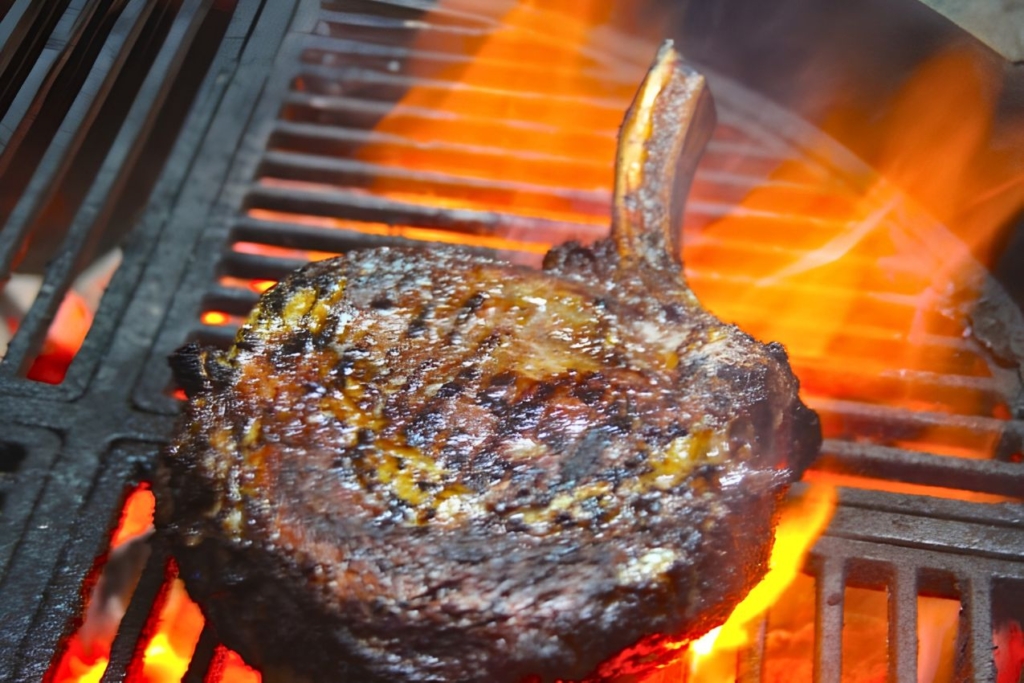 Steak on a grill with flames