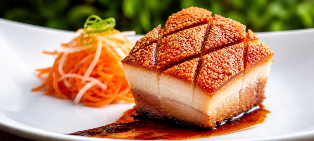 Sous vide and smoked pork belly slice plated.