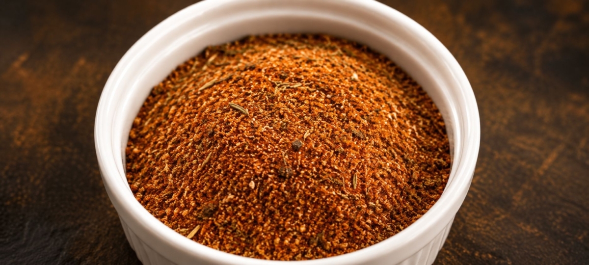 Cajun dry rub seasoning in a white dish.