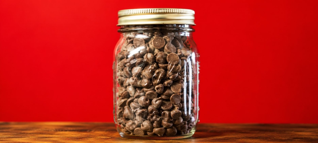 Jarred smoked chocolate chips on a red background.