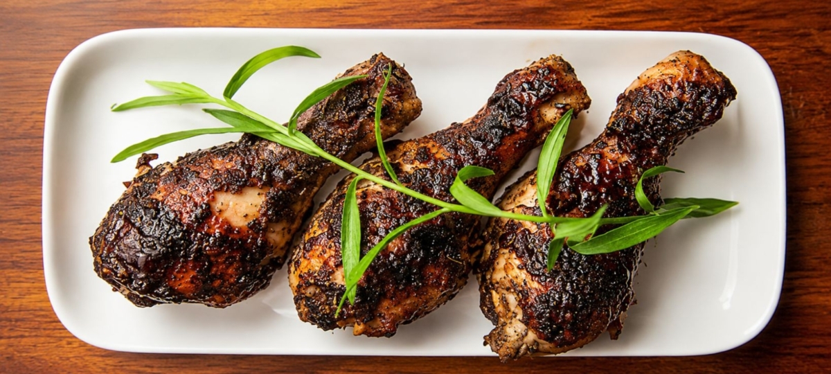 Three Jamaican jerk chicken drumsticks plated topped with a sprig of greenery.