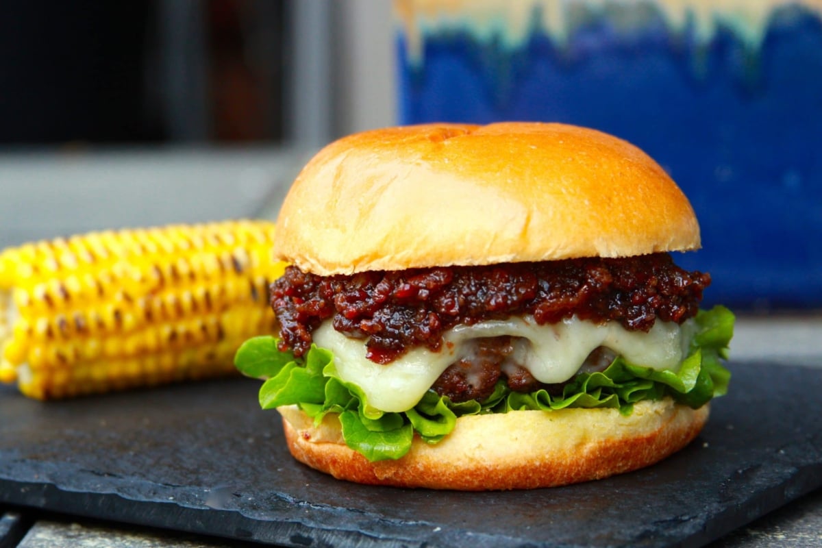 Bacon jam burger with corn