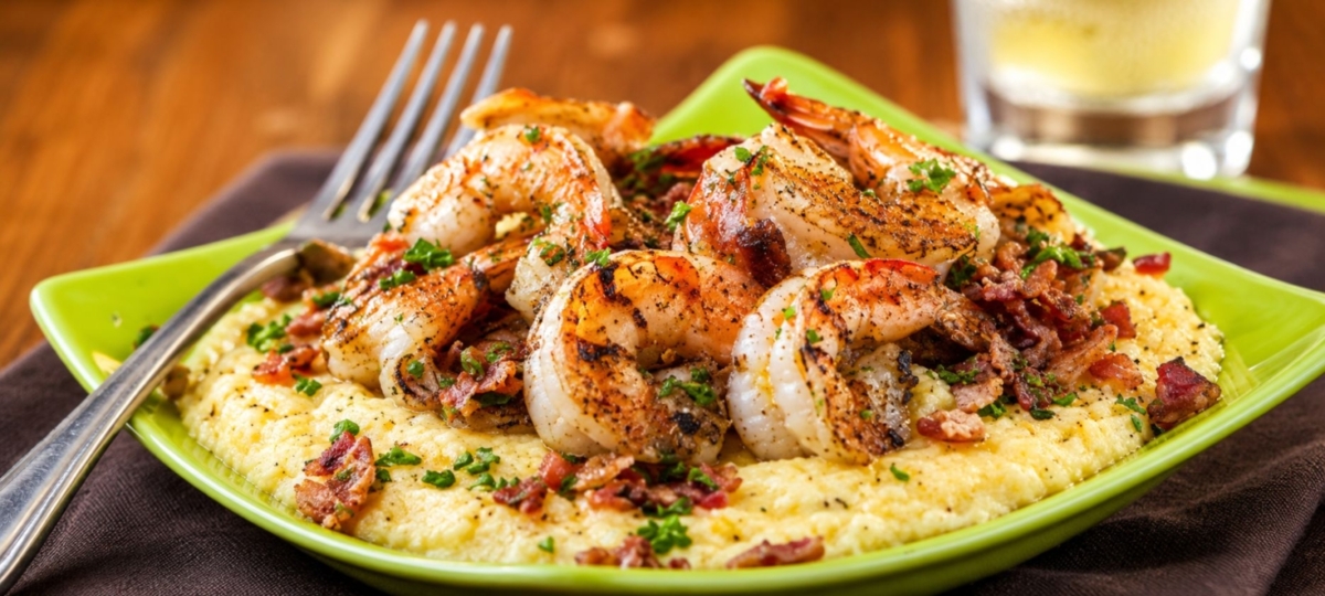 Grilled shrimp plated on top of grits with crumbled bacon.