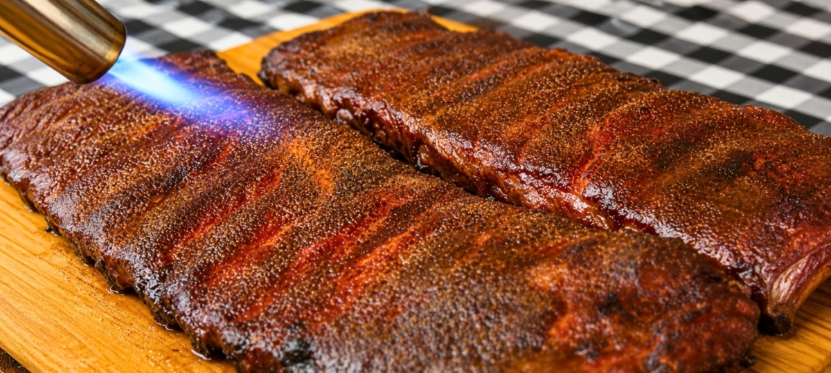 Sugar being melted on top of ribs with a torch to ,ake bruleed ribs