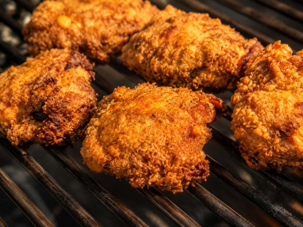 Fried chicken on a BBQ grill grate.