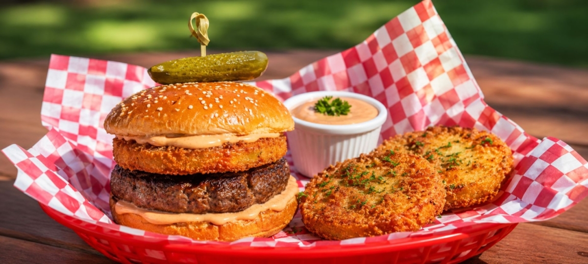Fried green tomato burger with a side of fried green tomato and bowl of sauce.