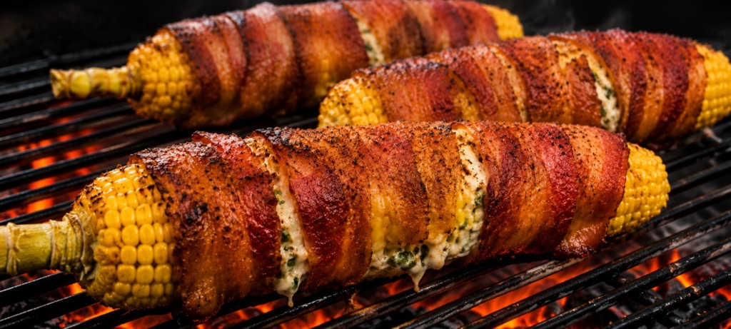 Three ears of jalapeno bacon wrapped corn on a hot grill.