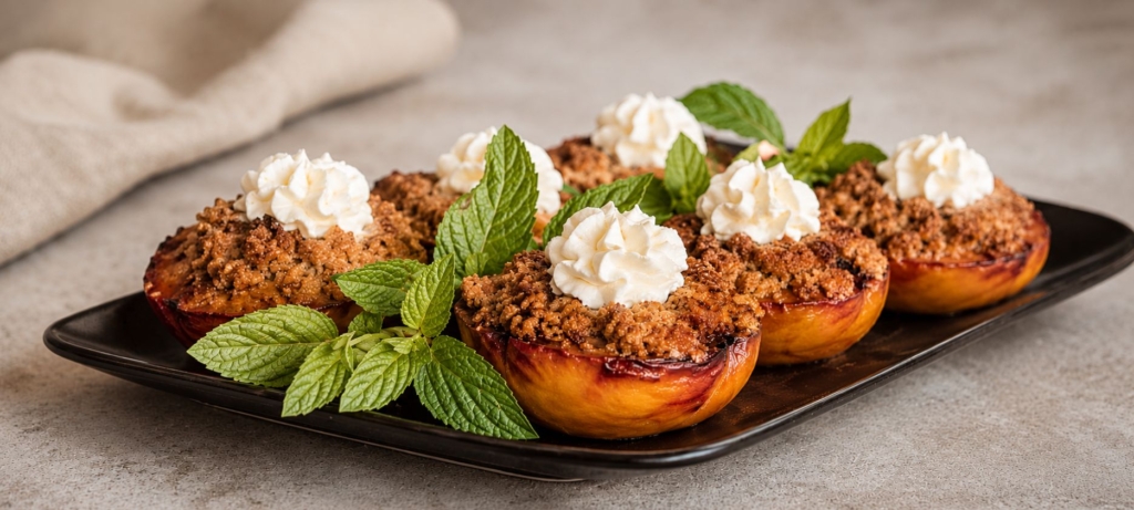 Grilled peach crumble plated with fresh mint.