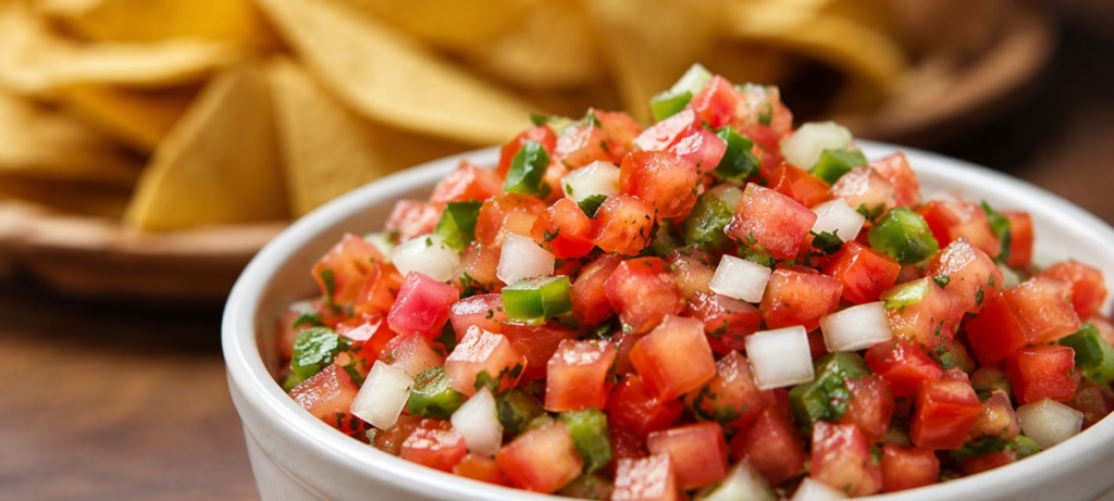 Pico de gallo in a white bowl with tortilla chips.