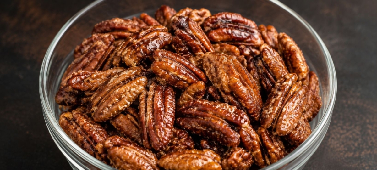 Candied pecans in a glass bowl.