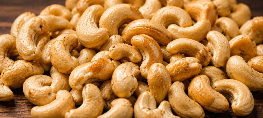 Closeup of seasoned cashews.