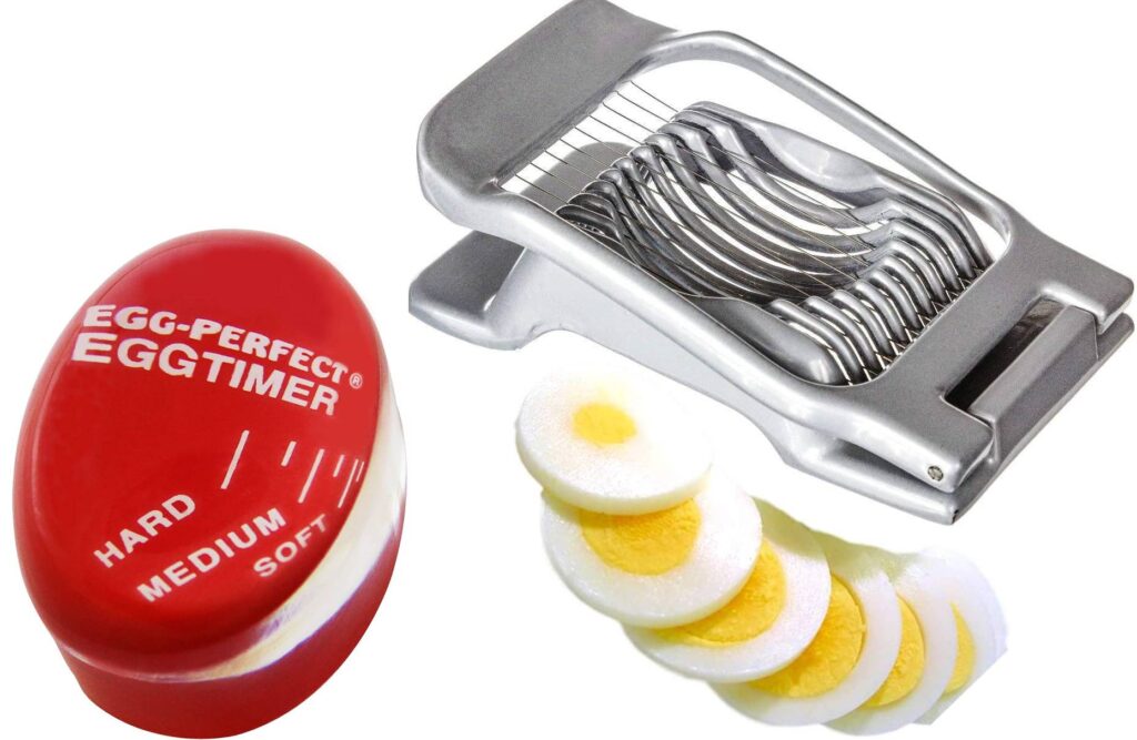 egg timer and egg slicer with sliced hard boiled eggs