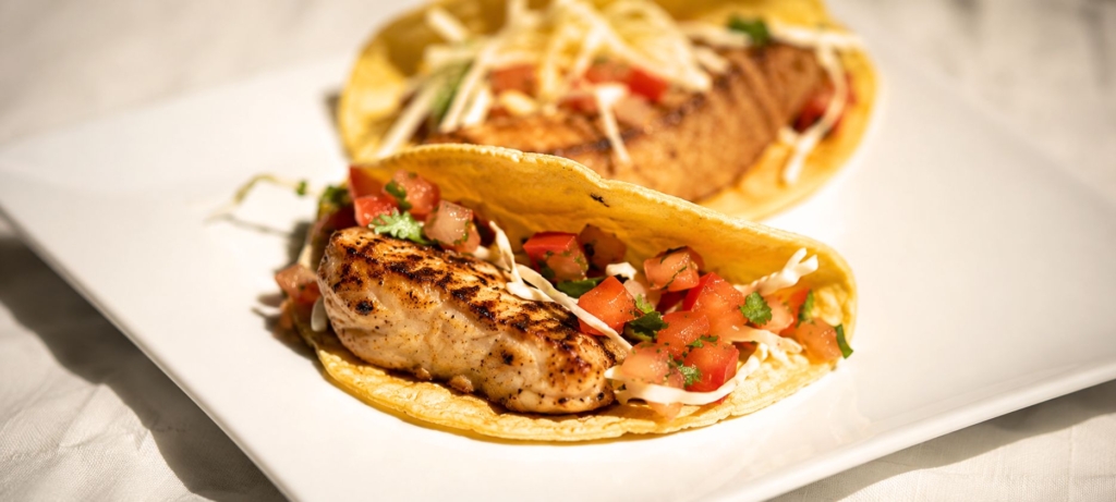 Grilled fish taco in a corn tortilla
