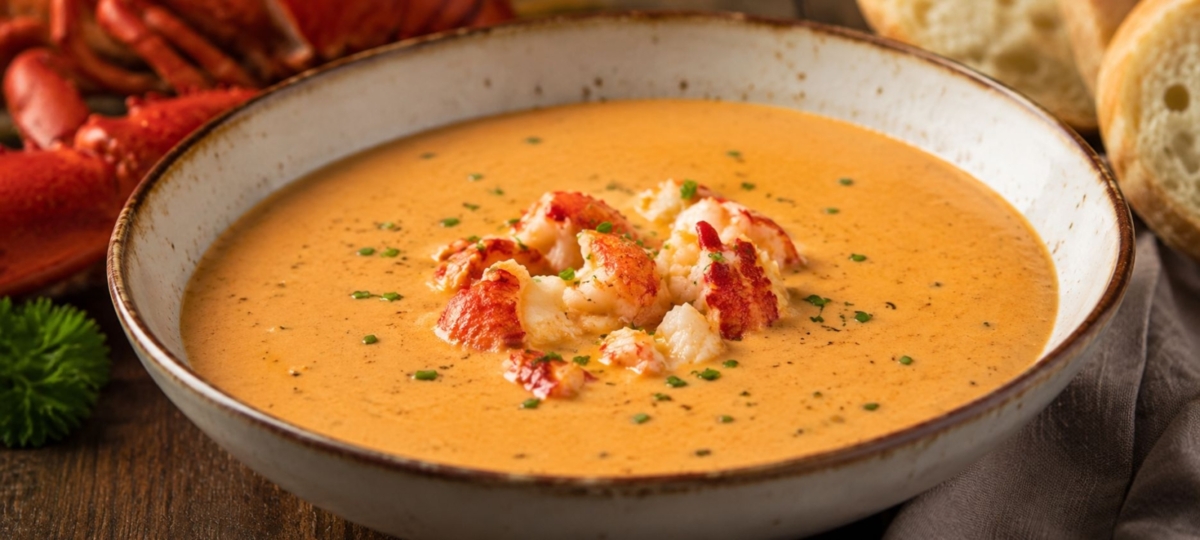 Creamy lobster bisque in a bowl and a nice pile of lobster meat in the center.