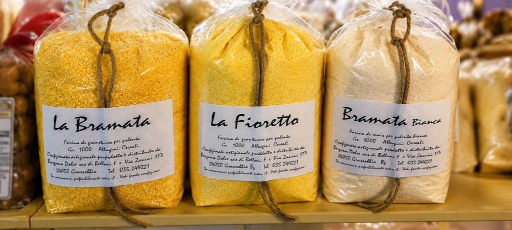 Three bags of different types of polenta.