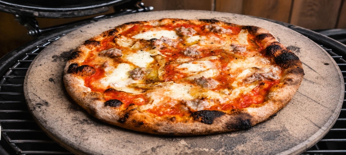 Grilled pizza on a pizza stone, sitting on round grill grate.