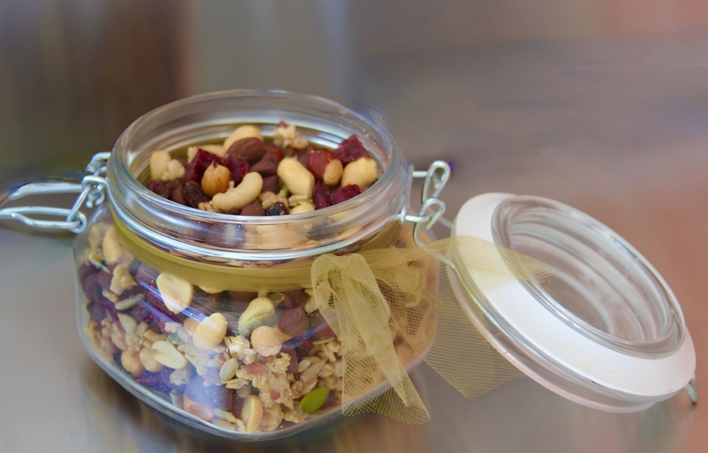 Trail mix in a glass jar