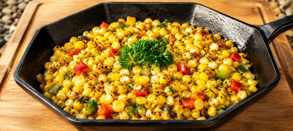 Grilled corn casserole with peppers in a skillet.