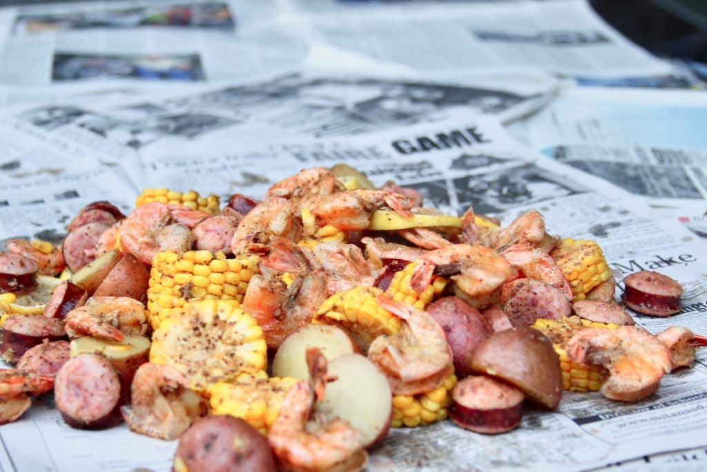 Boiled shrimp on newspaper