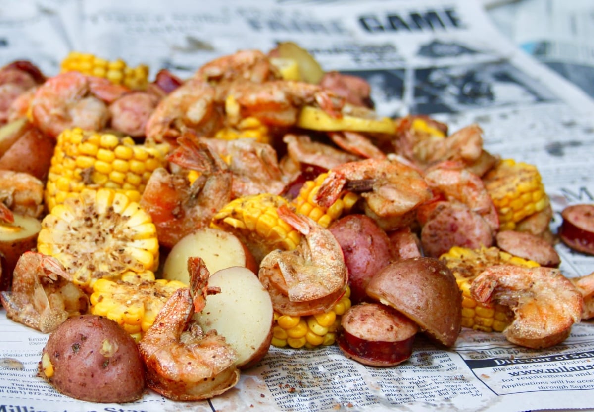 Shrimp boil on newspaper