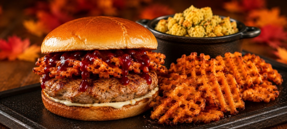 Turkey burger topped with sweet potato fries and cranberry sauce with fries and stuffing on the side.