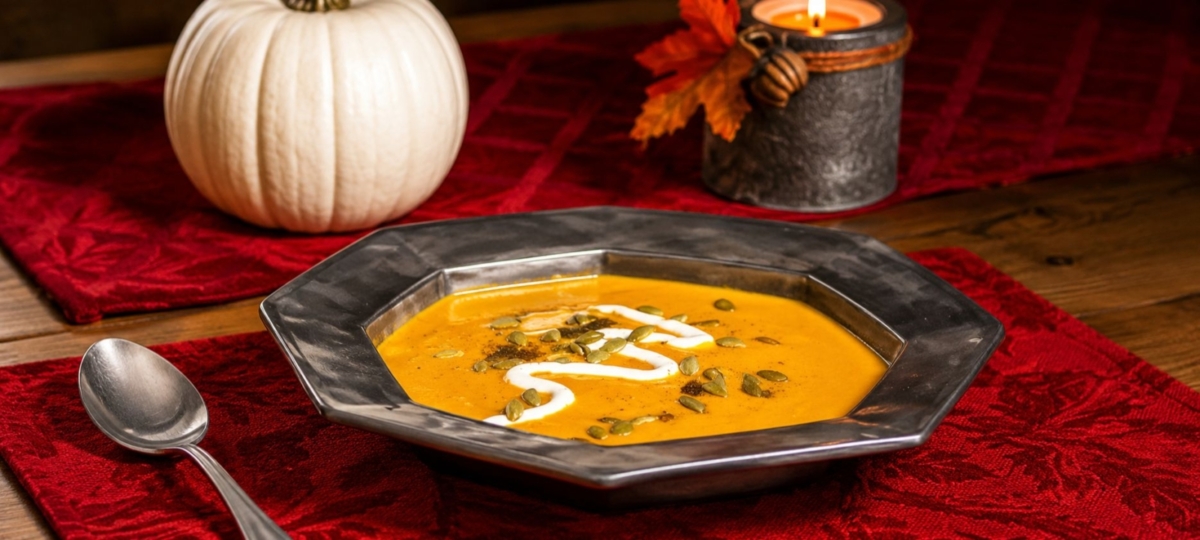 Smoked butternut squash soup in a bowl.
