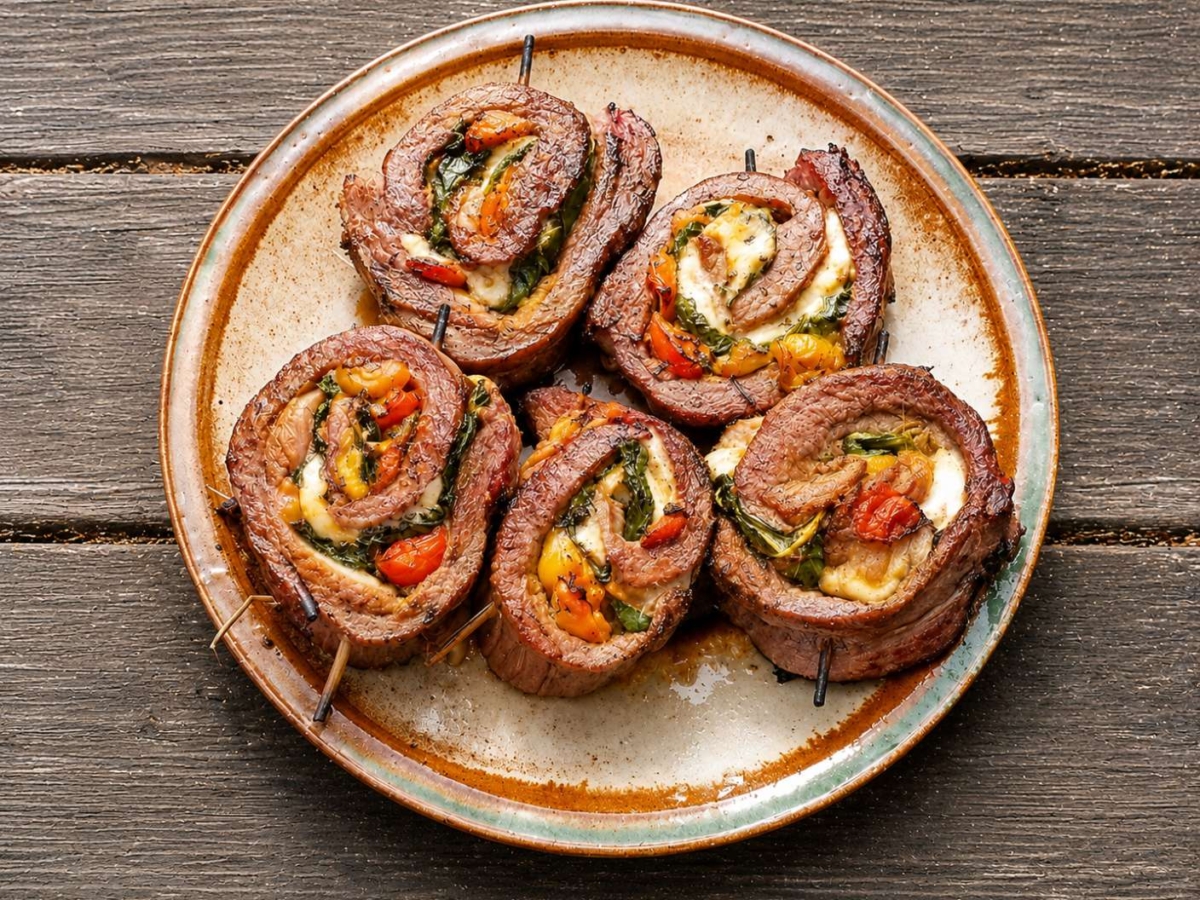 rilled Caprese salad stuffed flank steak pinwheels plated