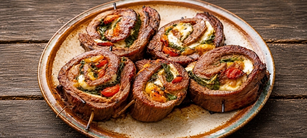Grilled Caprese salad stuffed flank steak pinwheels plated.