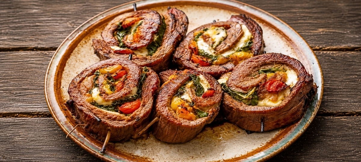 Grilled Caprese salad stuffed flank steak pinwheels plated.