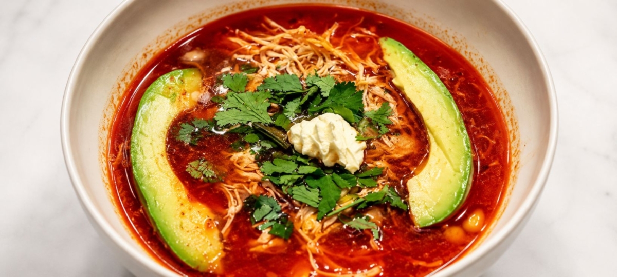 Chicken tortilla soup in a bowl topped with cilantro, sliced avocado and sour cream. Served with