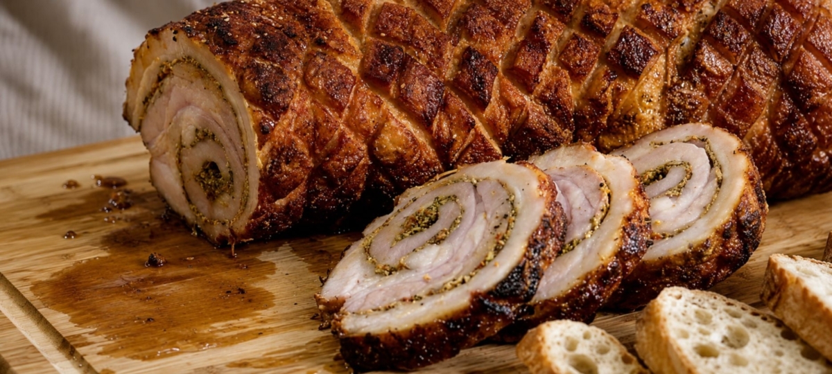 Porchetta slice showing off spiral